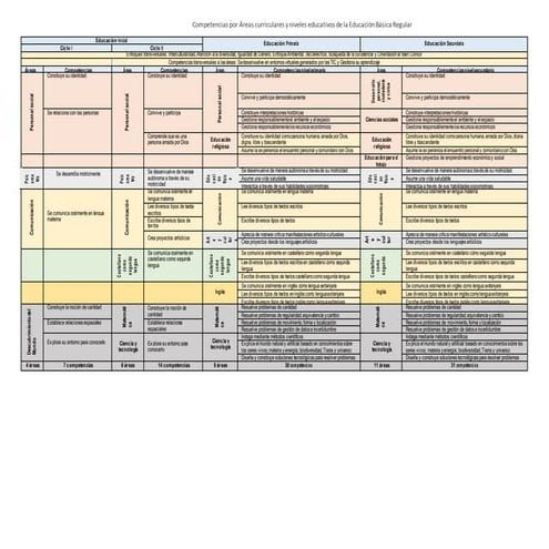Competencias por áreas curriculares y niveles educativos de la educación básica regular 2017