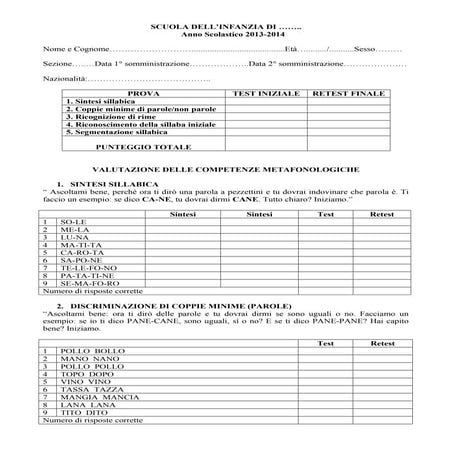 Questionario individuale alunno - Competenze metafonologiche
