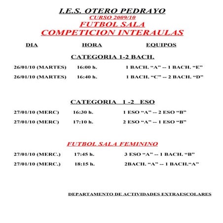 Competicion Interaulas Cuadro Semanal  Futbol Sala