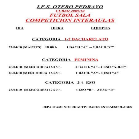 Competicion interaulas cuadro semanal  futbol sala