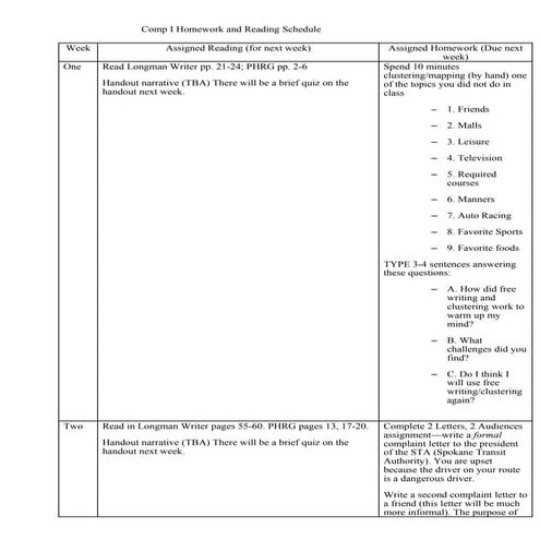 Comp i homework and reading schedule