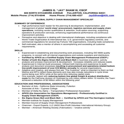 Compiled Resume For James Shaw Cscp 8 4 2010