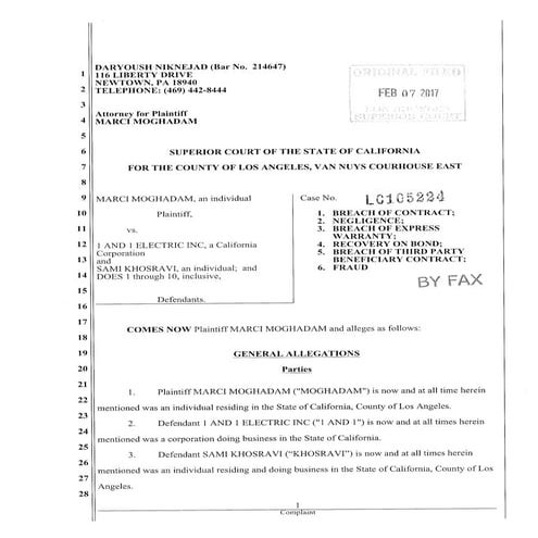 Lawsuit versus 1 and 1 Electric and Sami Khosravi