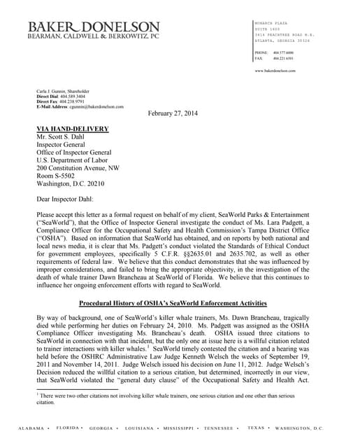 seaworld labor dept complaint letter and all documents letter of complaint