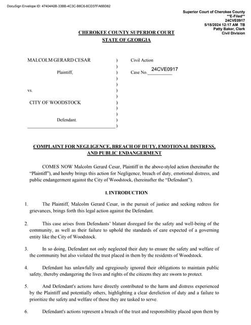 Complaint for Negligence, Breach of Duty, Emotional Distress, and Public Enda...