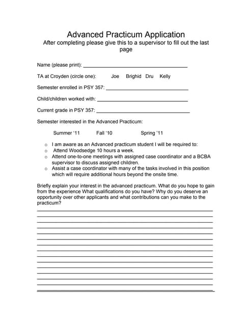 Completed advanced practicum application