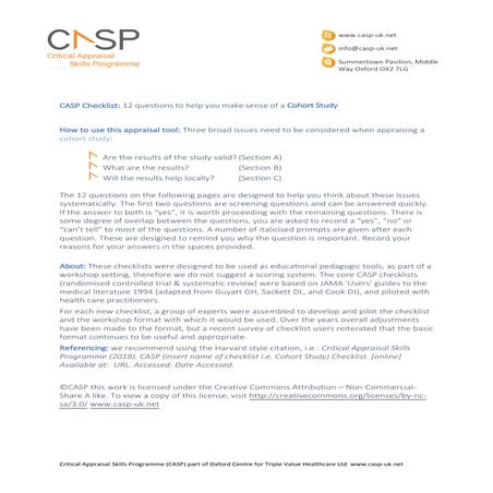 Critical Appraisal Skills Programme (CASP) Tool for Cohort Studies (Sample Answers - November 14, 2019 webinar)