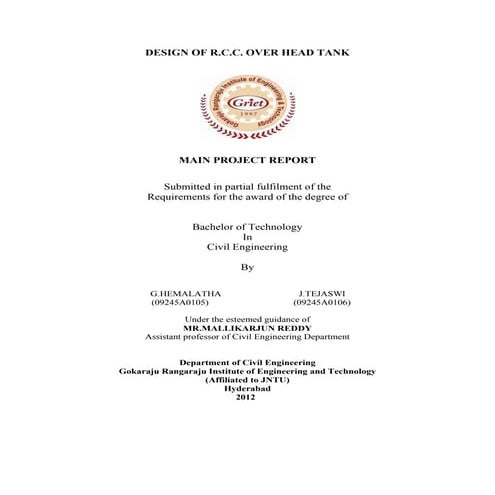 Complete design of r.c.c over head tank & boq estimate