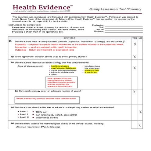 Health Evidence™ Critical Appraisal Tool for Economic Evaluations (Sample Answers - March 19, 2019 webinar)