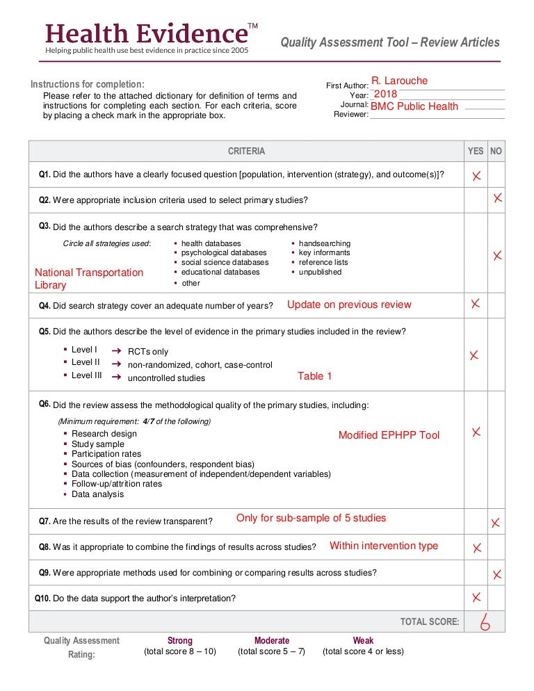 Health Evidence™ Quality Assessment Tool (Sample Answers May 10, 20…