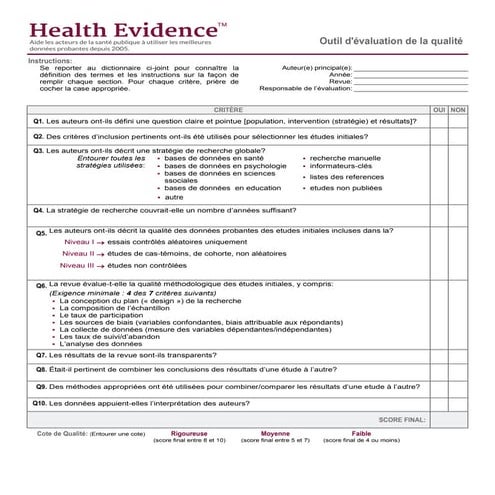 Feuille de travail - Health Evidence™ Outil d’évaluation de la qualité - webinaire du Club de lecture en ligne le 10 mai 2018