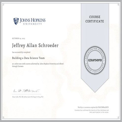 Completed specialization certificate for building data science teams | PDF