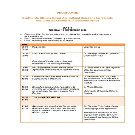 Programme - Regional planning meeting on ‘Scaling-Up Climate-Smart Agricultural Solutions for Cereals and Livestock Farmers in Southern Africa
