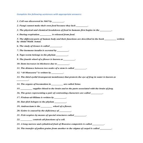 Complete the following sentences with appropriate answers