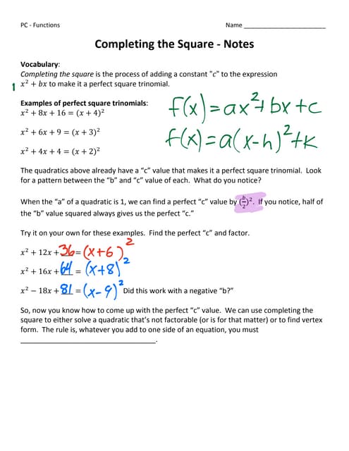 Mathematics 9 Lesson 1-A: Solving Quadratic Equations by Completing t…