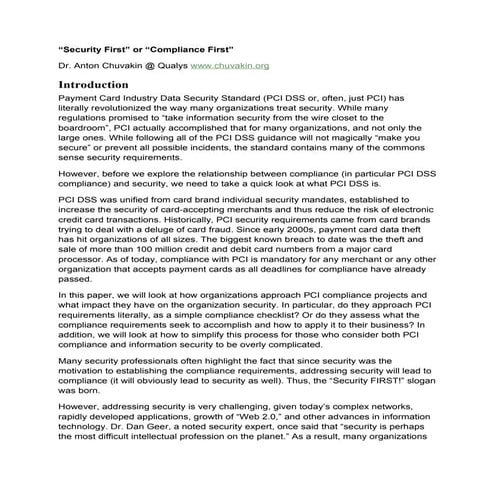 "Compliance First" or "Security First"