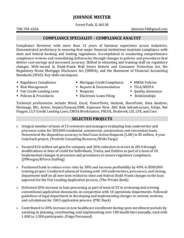 Compliance specialist compliance analyst resume