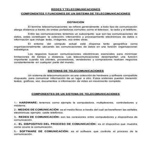 Componentes y funciones de un sistema de telecomunicaciones