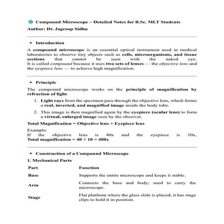 🧫 Compound Microscope microbiology pdf notes