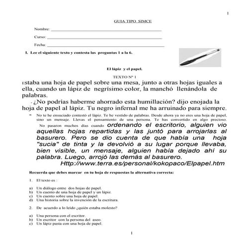 Comprension lectora tipo simce