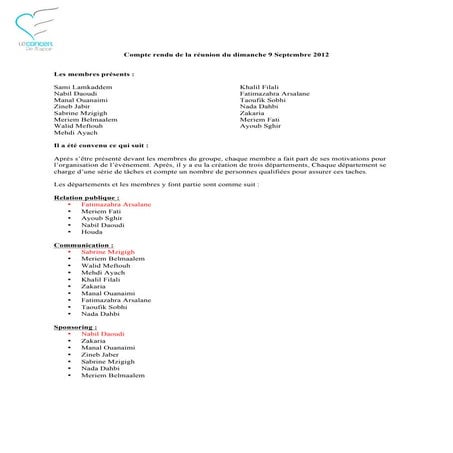 Compte rendu de la réunion du dimanche 9 septembre 2012