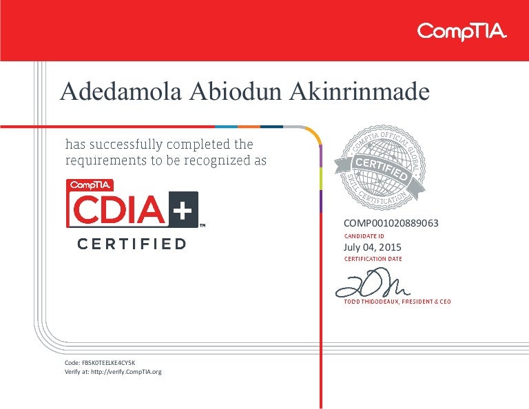 Comp tia cdia+ certificate