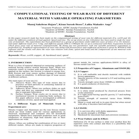 Computational testing of wear rate of different material with variable operat...