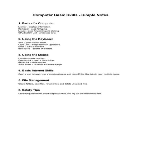 Comprehensive Guide to Basic Computer Skills and Internet Safety | PDF