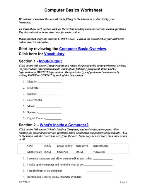 Computer basics worksheet answers