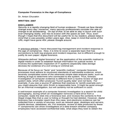 Computer Forensics in the Age of Compliance