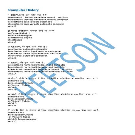 Computer History/Generation Question in Hindi