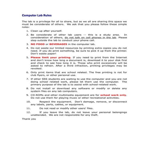 Computer lab rules | DOC