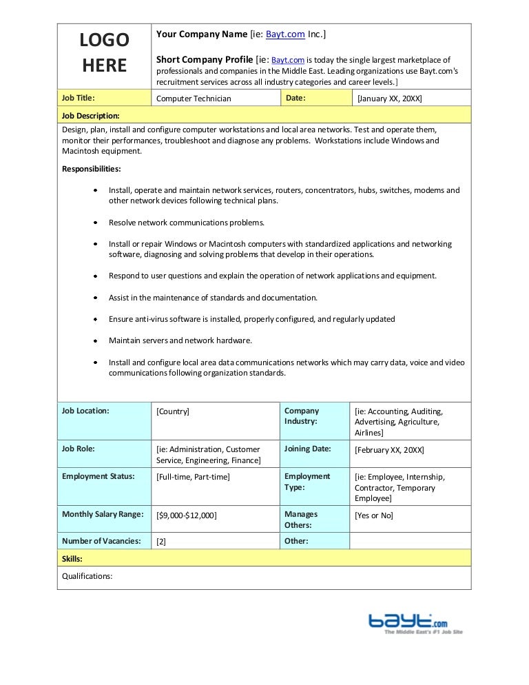 computer technician job description template by bayt com computer technician job description sample