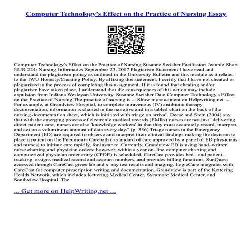 Computer Technology’S Effect On The Practice Of Nursing Essay | PDF