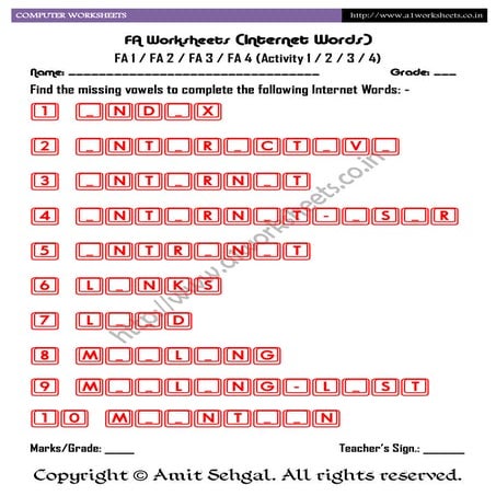 Computer worksheets missing vowels 1 (internet words) | PDF