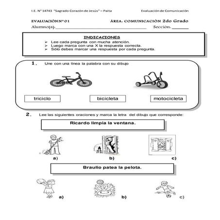 Evaluación de Comunicación para segundo grado.