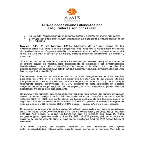 Comunicado.  40 por ciento de padecimientos atendidos son por cáncer