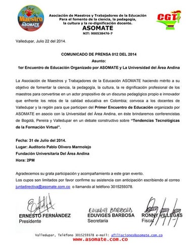 1er Encuentro sobre Educación invitan ASOMATE y U Andina, Comunicado 012 