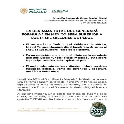 Derrama que generará Fórmula 1 será superior a los 14 mil MdP