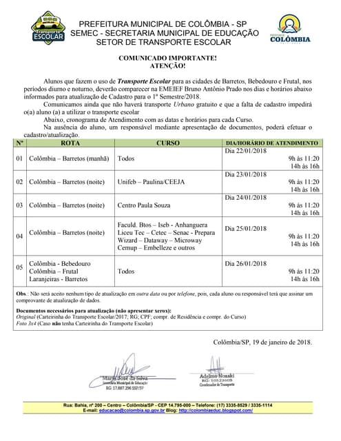Comunicado2018 transporte escolar
