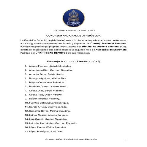 Lista completa de los 54 aspirantes al CNE y TJE presentada por la ...