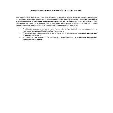 Comunicado a toda a afiliación de fecoht galicia