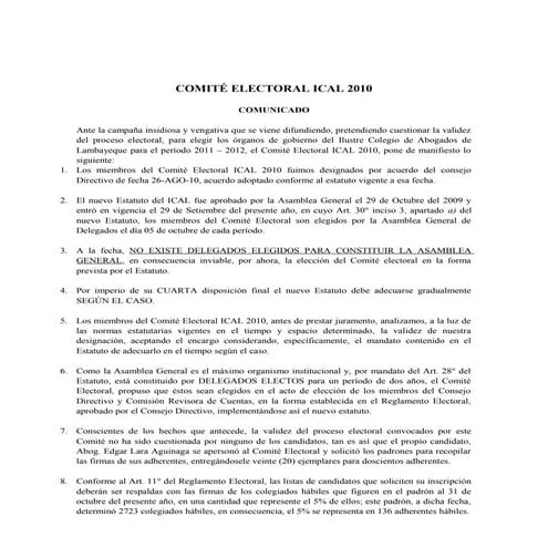 COMUNICADO DEL COMITE ELECTORAL