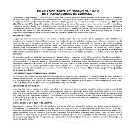 DE L@S CARTER@S EN HUELGA DE MADRID AL RESTO DE TRABAJADOR@S DE CORREOS