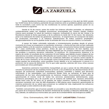 Comunicado covid residencia la zarzuela df