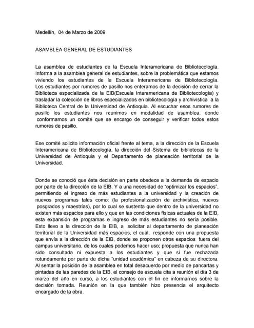 Comunicado De La Asamblea De La Eib A La Asamblea General De Estudiantes De La U De A