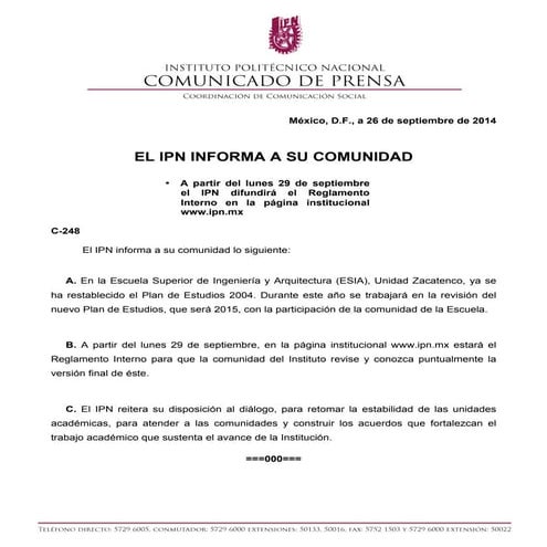 #Todossomospolitecnicos COMUNICADO DE PRENSA IPN 