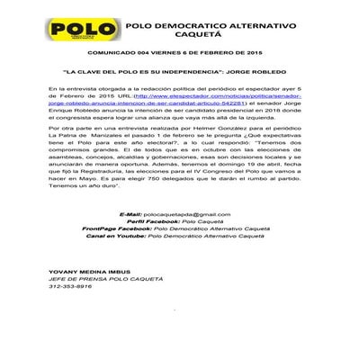 Comunicado de prensa 004 Polo Democrático Alternativo (Caquetá)