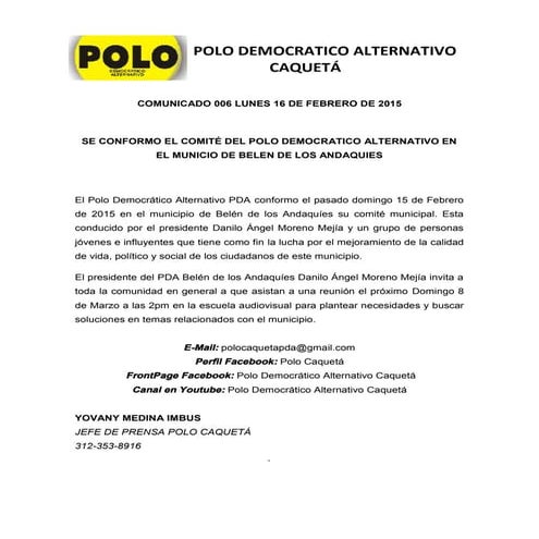 Comunicado de prensa 006 Polo Democrático Alternativo (Caquetá)