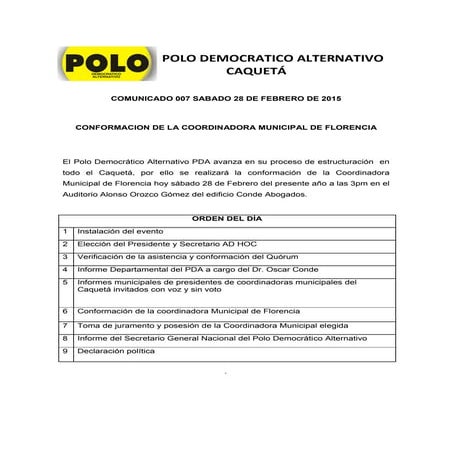 Comunicado de prensa 007-Polo Democrático Alternativo (Caquetá)